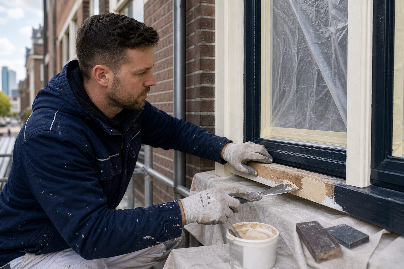 Schilder herstelt houtrot aan houten kozijn