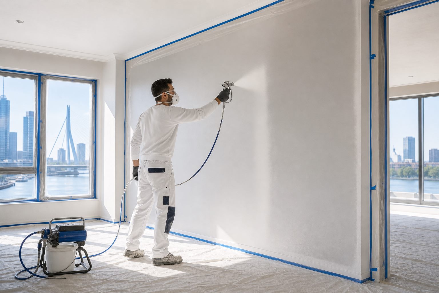 Latex spuiten in strak afgeplakte Rotterdamse woning