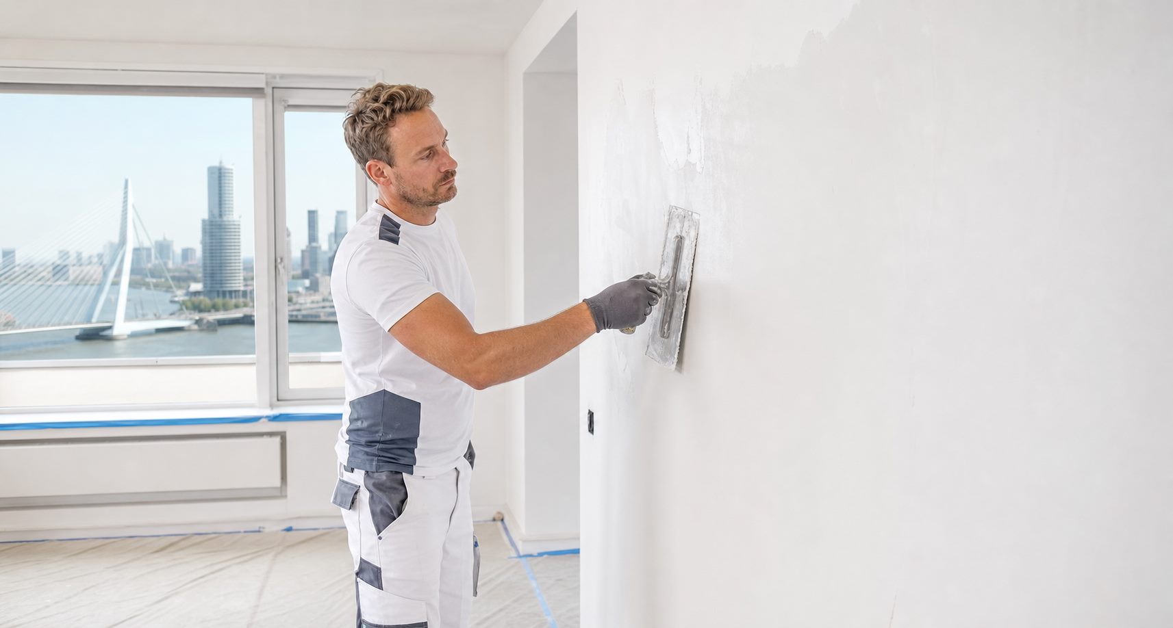 Professionele stukadoor maakt een wand in Rotterdam strak